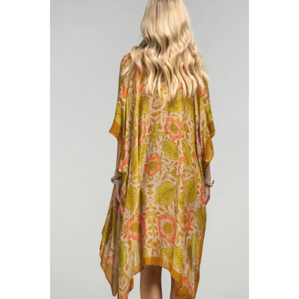 SOLD OUT Retro Vintage 70's Style Floral Leaf Print Kimono Open Wrap Coverup Top - Picture 5 of 6